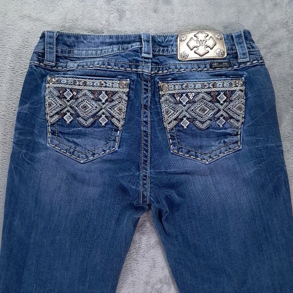 Miss Me Jean Womens 31x28, Tag 30x32 Blue Denim Bootcut Embellished Hemmed Up - Picture 4 of 16